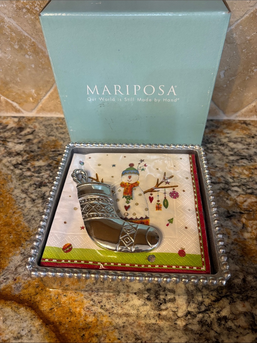 Mariposa Beaded Napkin Box with Stocking Weight- New in Original Box